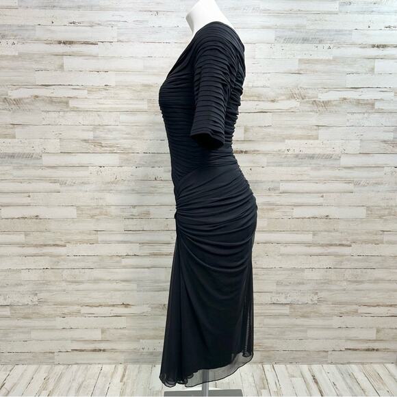 Tadashi Shoji Bandage Mesh Ruched Cocktail Dress Size S Black Asymmetrical Neck - Picture 7 of 16